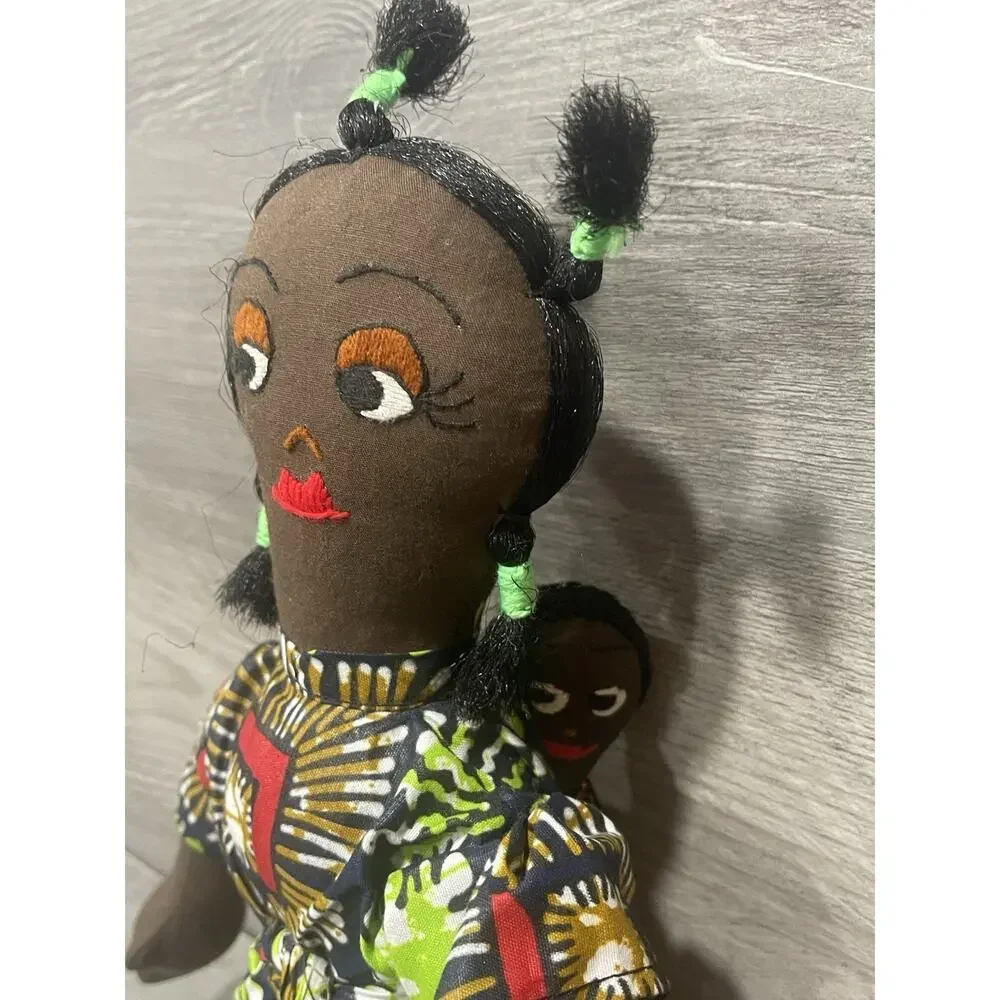 African Doll With Baby From Rwanda Cloth Rag Folk Art 13”